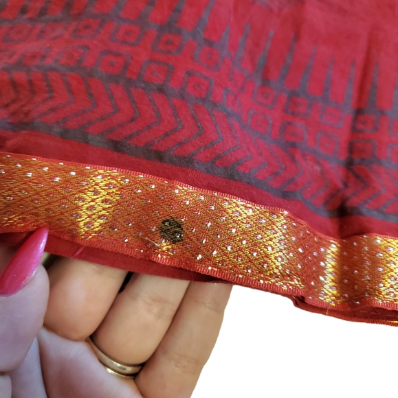 Vintage Red Indian Hippie Skirt with Gold Trim and Drawstring XXL - Picture 4 of 5